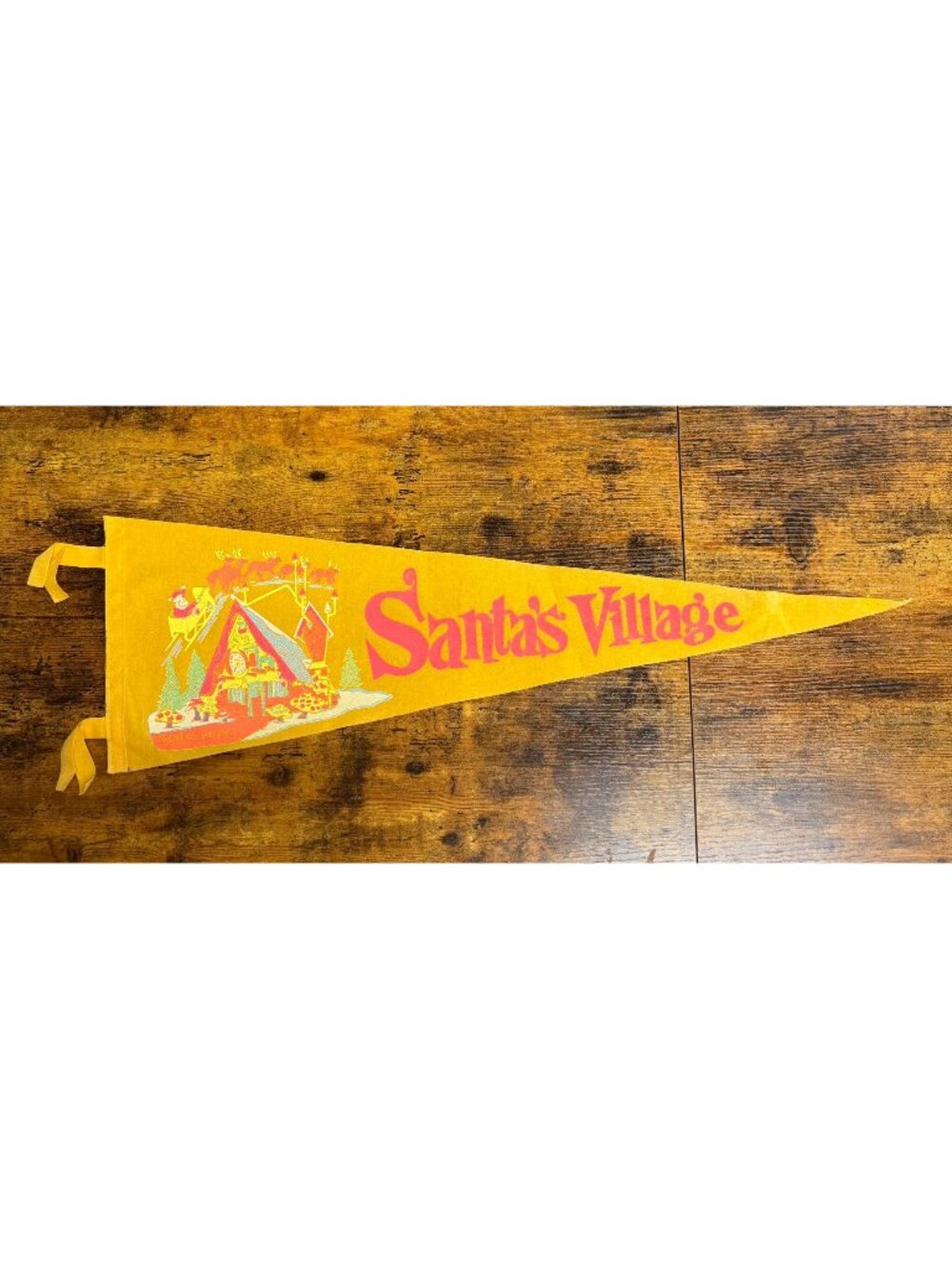 Vintage Santas Village Yellow Felt Pennant With Santas House Graphic & Ties